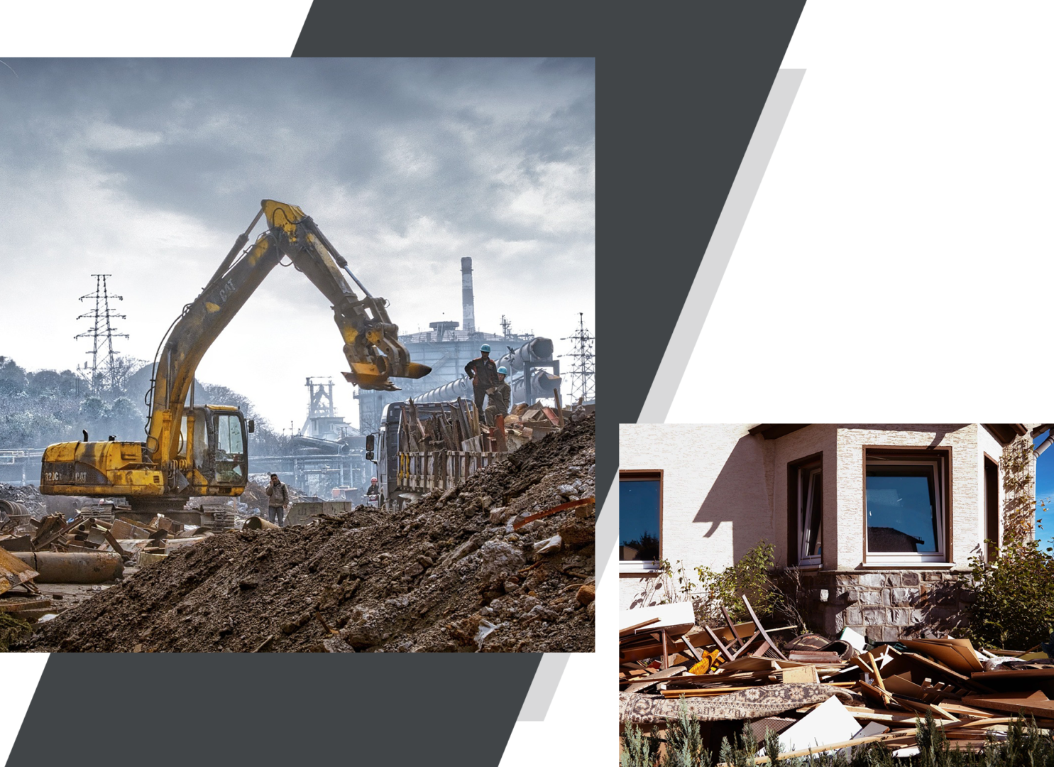 A yellow excavator operates at a construction site with a worker nearby, while a separate image shows a house with piles of debris in front.