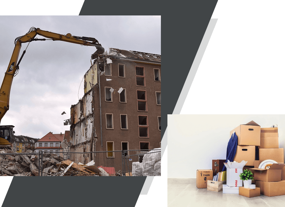 A construction excavator demolishes a multi-story building on the left, while on the right, several packed moving boxes are stacked against a plain white wall.